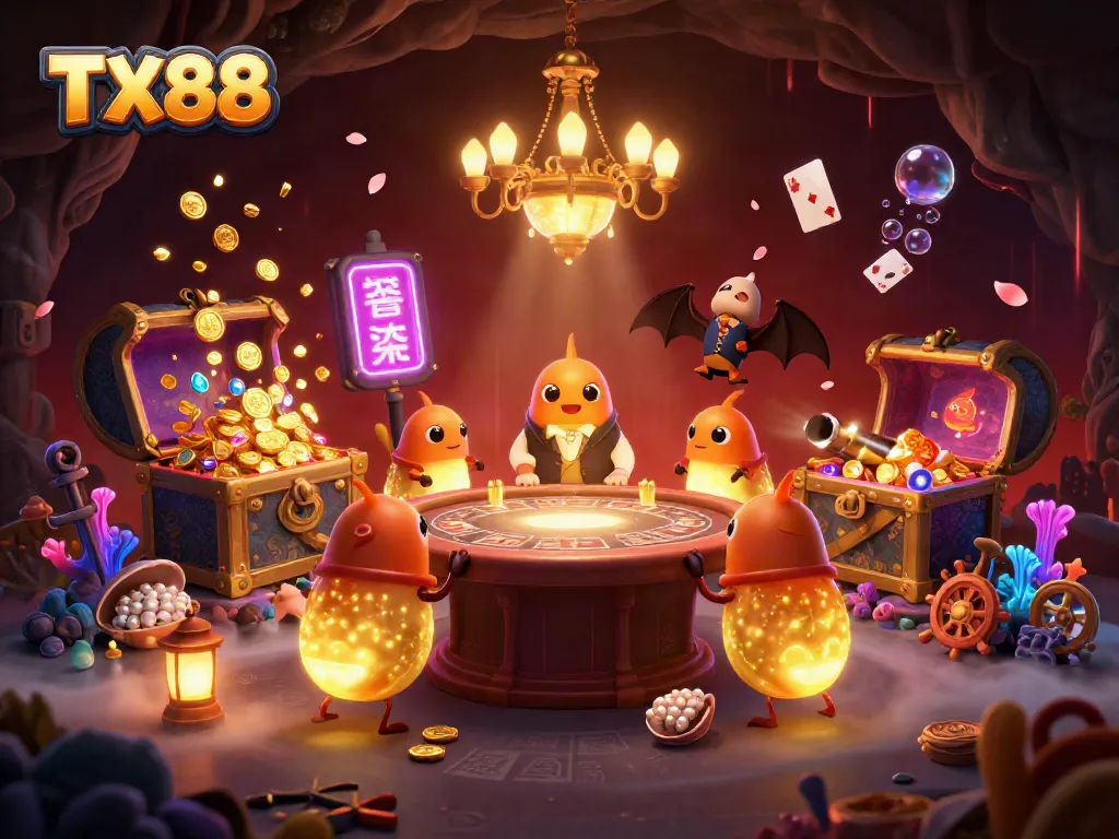 Experience the vibrant TX88 casino undersea adventure with bioluminescent glowworms illuminating the game tables.
