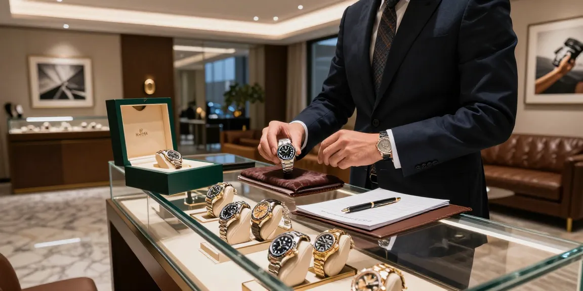 Examining luxurious rolex super clone watches in a modern showroom.