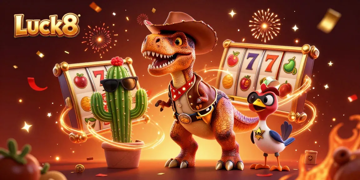 Experience thrilling wins at Luck8 with vibrant slot reels and lively characters.