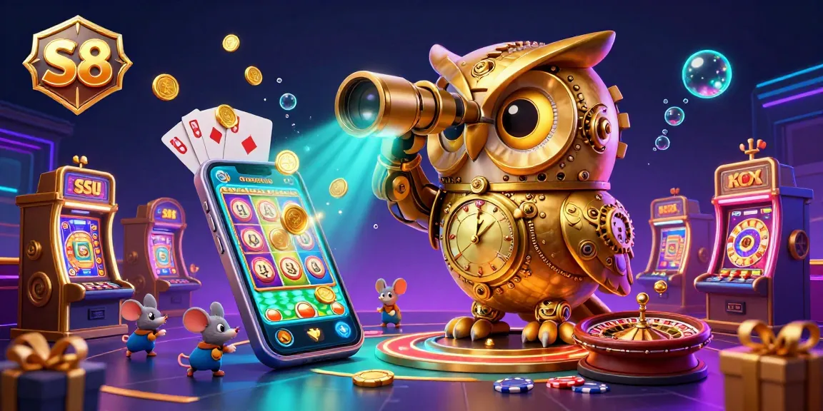 S8 offers thrilling casino excitement with a vibrant scene featuring a golden owl, slot games, and abundant casino elements.