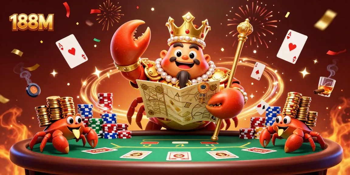 Experience thrilling gaming with 188M's vibrant casino scene, featuring a golden crab emperor and poker elements.