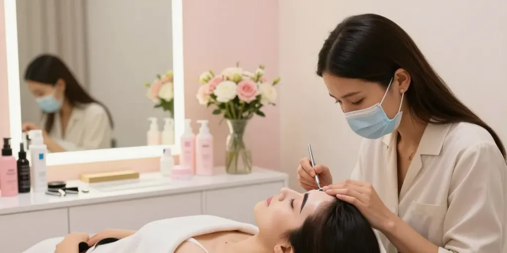 Brow Lamination Colchester treatment in an elegant beauty studio with a beautician applying the service.