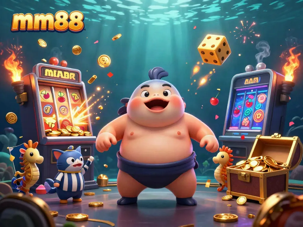 Engage with thrilling casino action at mm88 with vibrant underwater illustrations of games and characters.