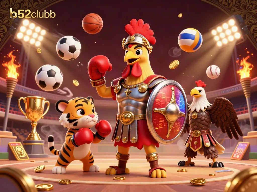 Engage in thrilling gaming at b52clubb with a vibrant 3D casino scene featuring unique characters and dynamic gameplay elements.