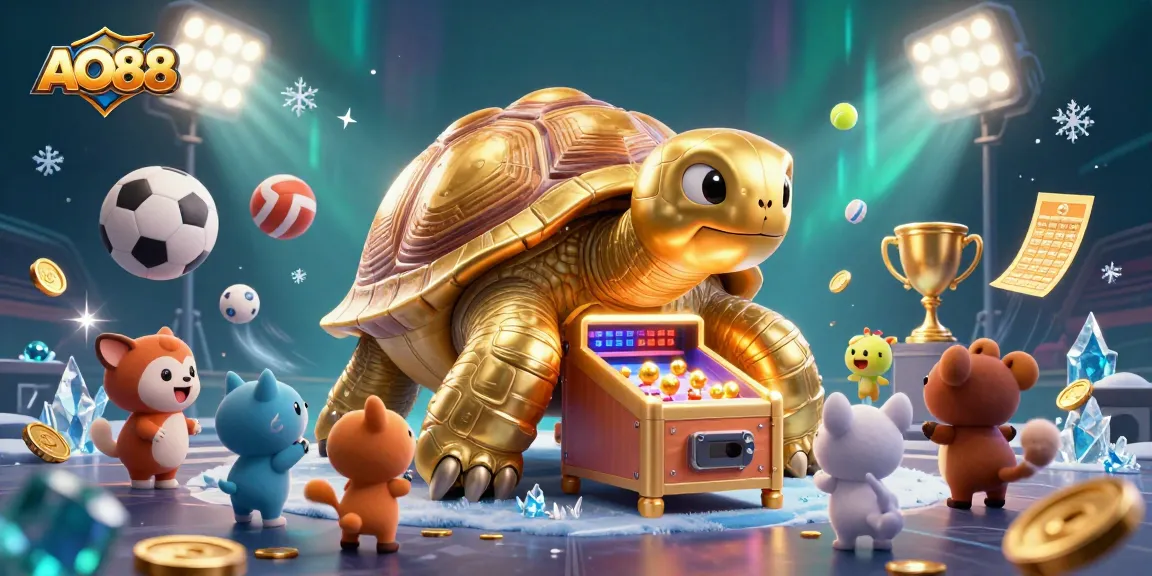 Play thrilling games at AO88's vibrant casino with a golden tortoise and energetic atmosphere.
