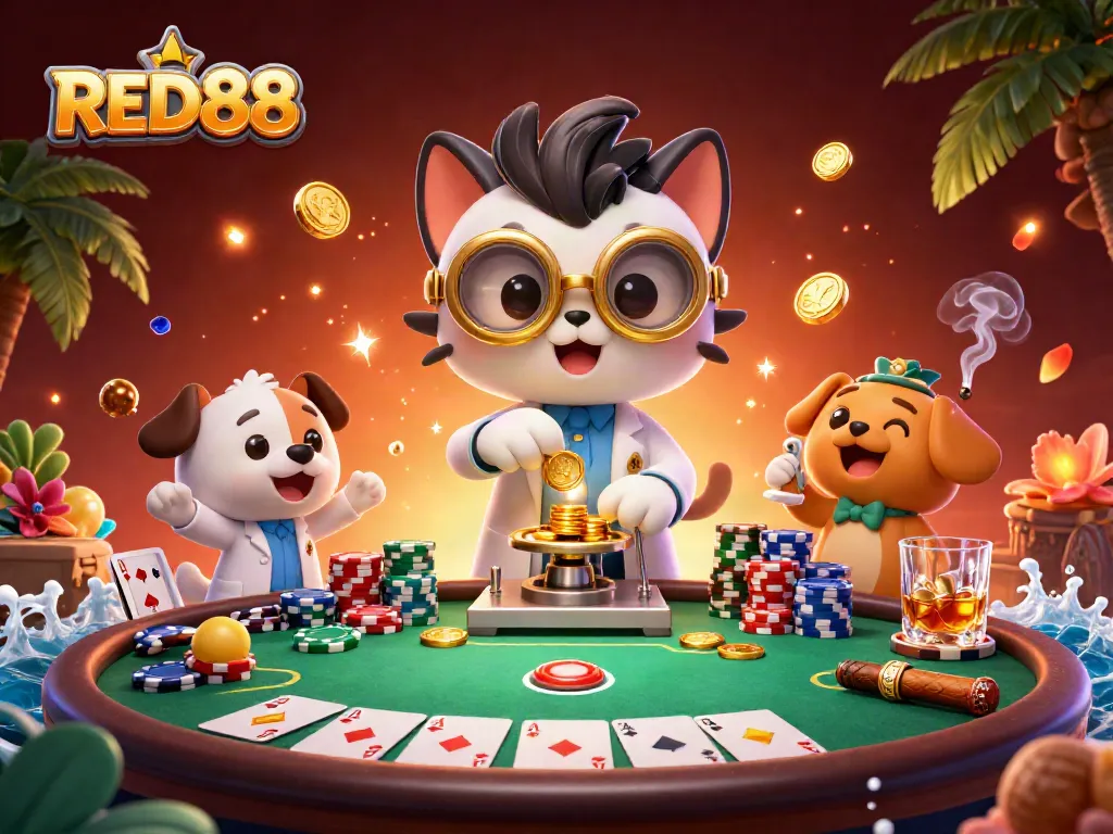 Engage in thrilling poker action at RED88 with mad scientist cat and loyal dog in a dynamic scene.
