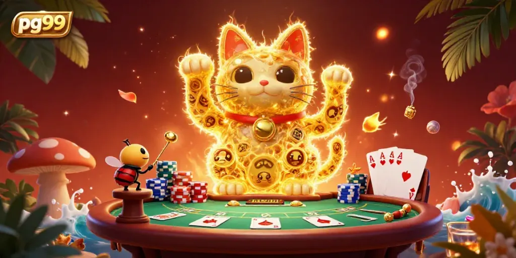 Experience the excitement with pg99's vibrant illustration of a lucky cat made of golden fireflies in a casino setting.