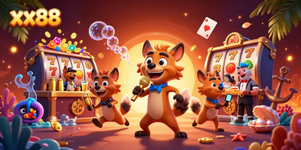 Experience the lively action at xx88 casino with hyenas playing slots and mixing drinks
