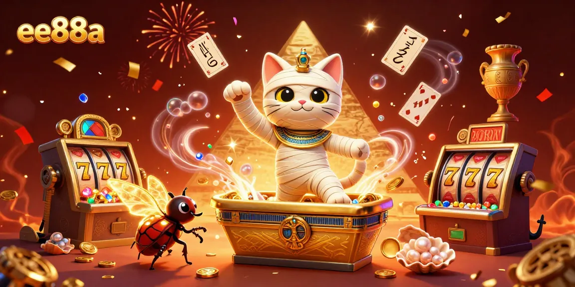 Join the thrill of ee88a with a lively casino scene featuring an Egyptian mummy cat, glowing scarab, and floating slot reels.