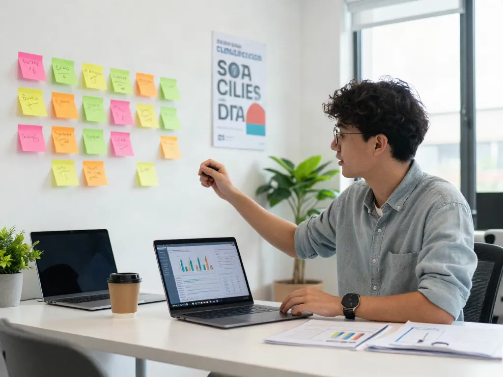 Get real engagement when you buy followers with Social-Fame in a modern office.