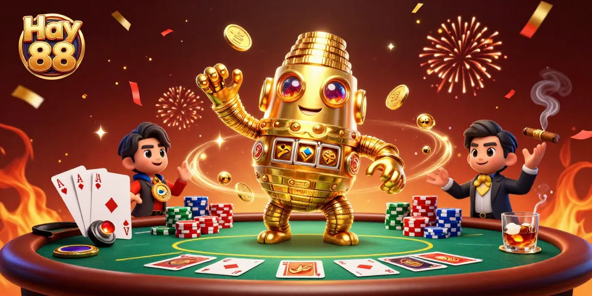 Experience the thrilling gameplay of Hay 88 with dynamic poker elements and a golden golem at the casino.