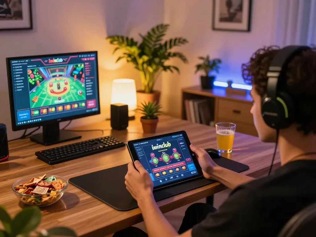 Engaged player enjoying iwinclub's online casino app in a cozy home setting