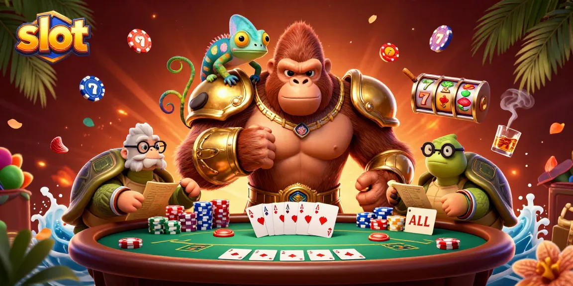 Slot mengungkapkan kegembiraan dengan karakter gorila raja dan simbol permainan.