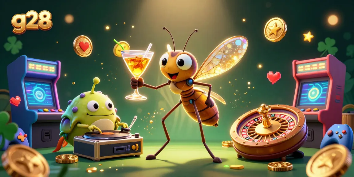 Experience the vibrant world of g28 with a casino mascot bringing winning luck, surrounded by gaming energy.
