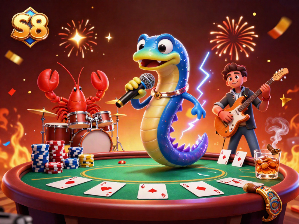 S8 powers the dynamic underwater casino performance featuring a DJ electric eel and lively band.