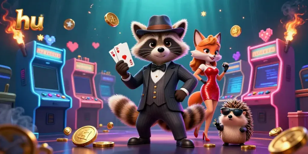 Join the excitement of hu casino adventures with a raccoon and fox duo in a vibrant 3D gaming world.