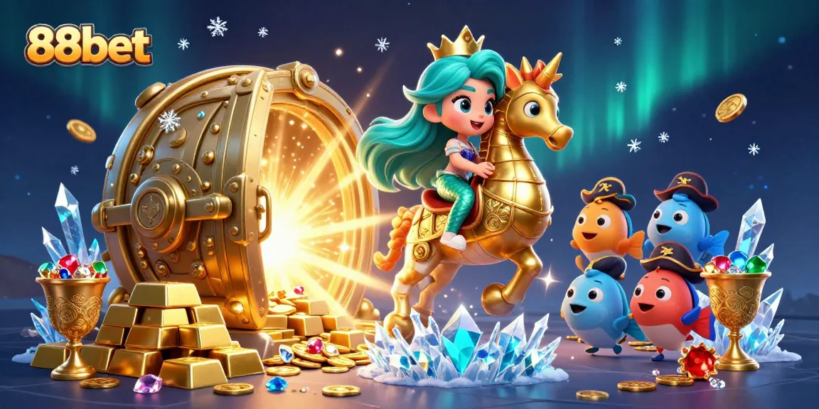 Experience the enchanting world of 88bet with a dynamic scene featuring a mermaid princess and seahorse in a treasure-filled casino.