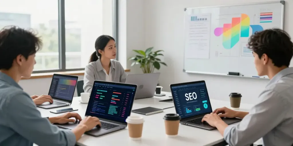 SEO team discussing instant indexing strategies in a modern tech office.