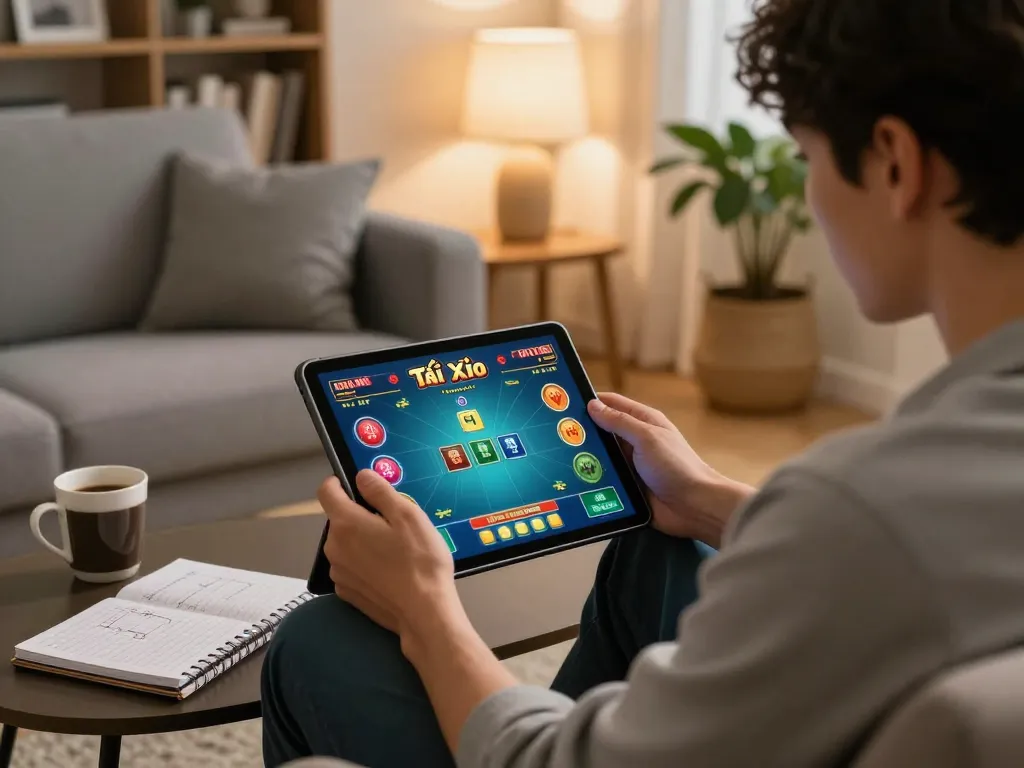 Tài xỉu online uy tín: A player enjoying a strategic online gaming session in a cozy living room setup.