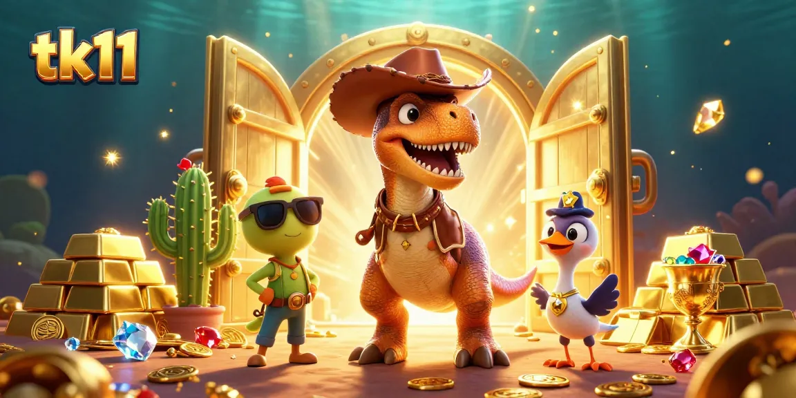 Spin to win daily at tk11 with a dynamic 3D cartoon casino illustration filled with treasures.