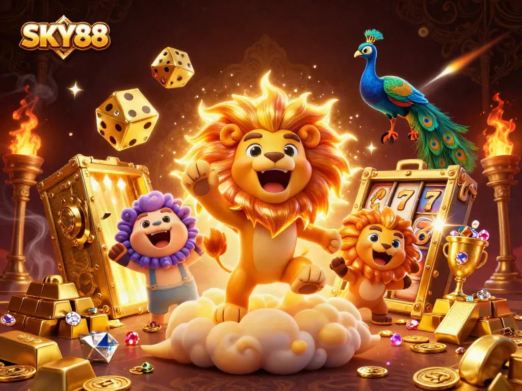Experience thrilling slots at SKY88 with dynamic casino scenes featuring golden lion and gleaming dice.