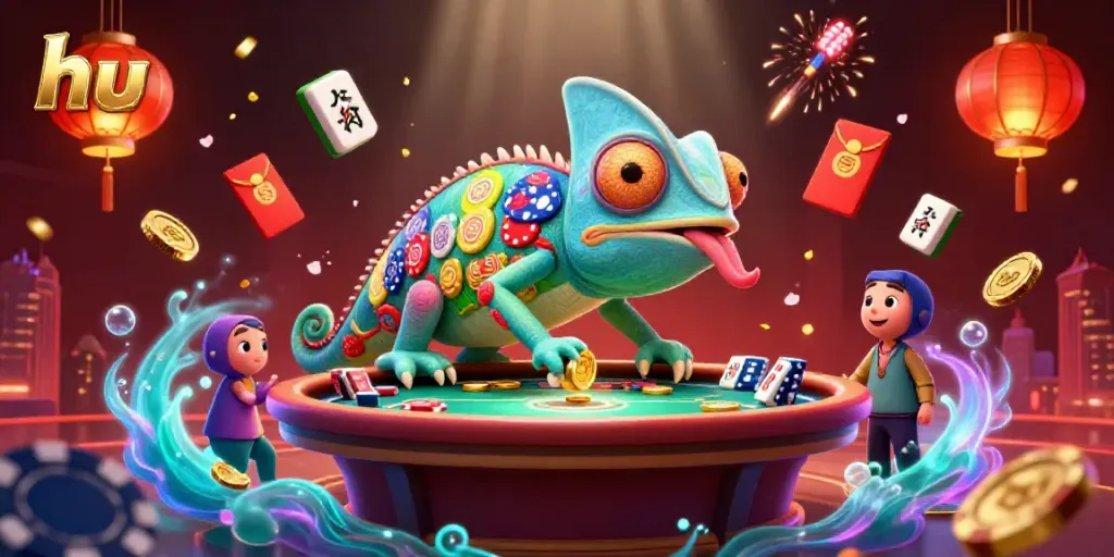 Experience the vibrant casino world with hu's animated chameleon owner and thrilling game elements.