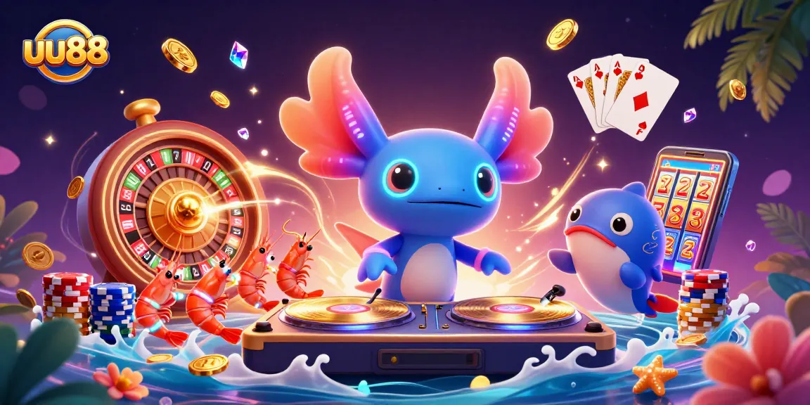 Engage with uu88's vibrant casino scene featuring an axolotl DJ surrounded by dynamic game elements.