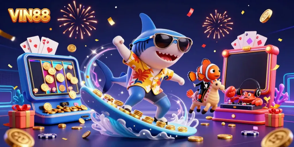 Experience VIN88 thrills with a vibrant scene of a shark riding gold coins, embodying the excitement of online gaming.