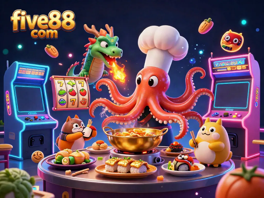 Engage with five88 com in a vibrant 3D casino scene featuring an octopus chef and a dragon companion.