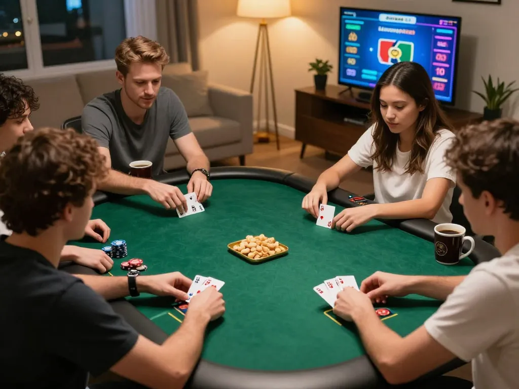 Players enjoying poker on HELLO88 platform, showcasing strategic gaming moments in a cozy home setting.