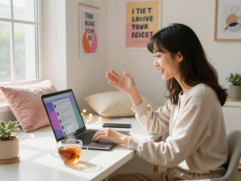 Engaged user chatting with her AI girlfriend in a cozy home office atmosphere, showcasing technology and connection.