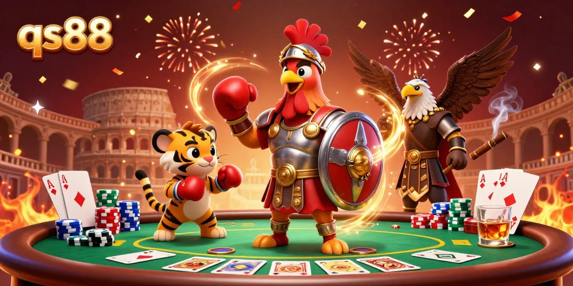 Engage in thrilling casino action at qs88 with a vibrant gladiator scene full of poker excitement.