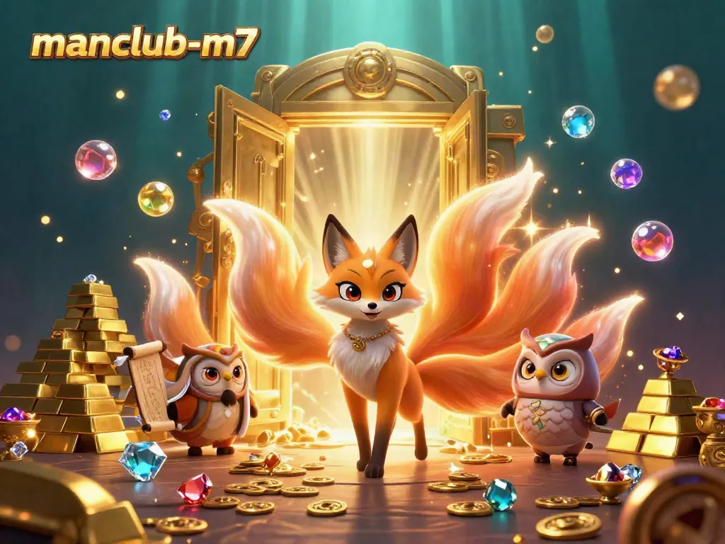 Experience vibrant gaming at manclub-m7 with a colorful scene featuring mythical characters and treasures.