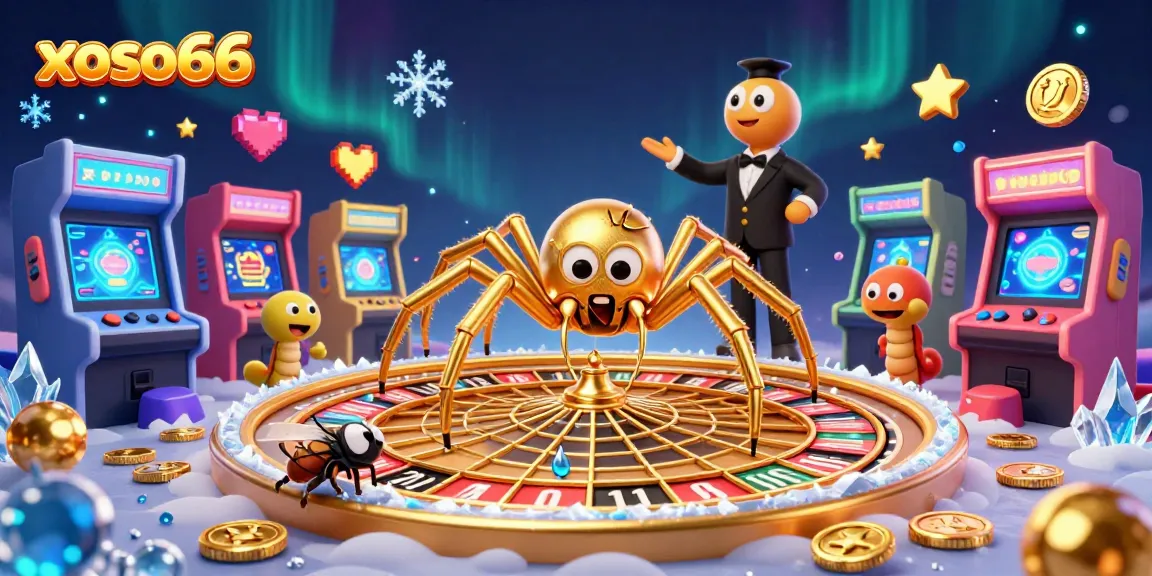 Bet on xoso66 as a fly nervously places bets at a roulette web spun by a golden spider.