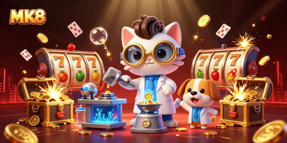 MK8 slots illustration showcasing a mad scientist cat and dog with gold coins and vibrant casino elements.