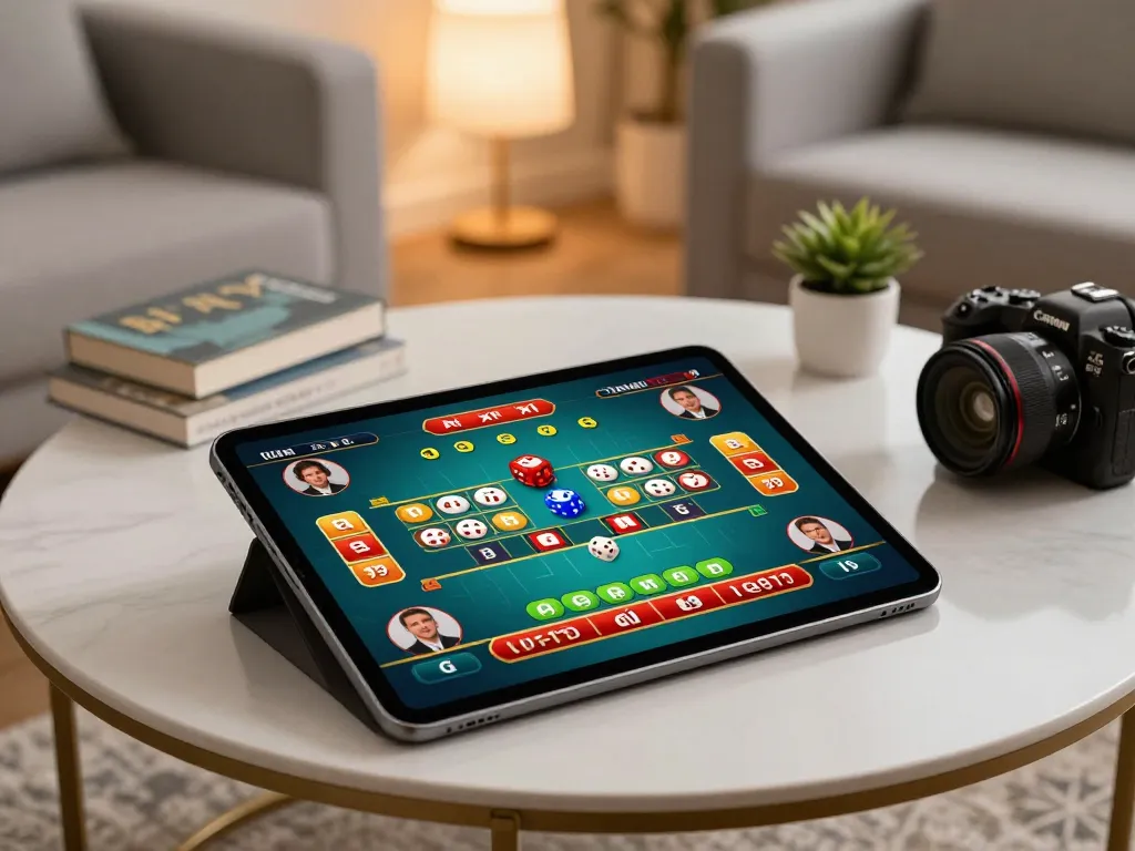 Tài xỉu online uy tín gameplay on tablet, showcasing strategic betting options and vibrant dice rolls in a cozy setting.