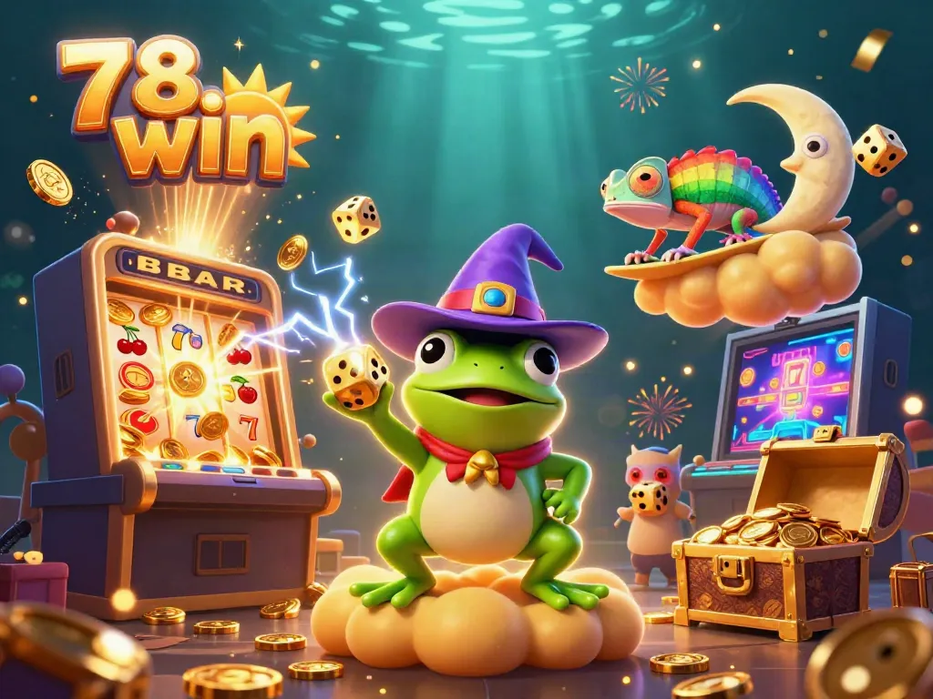 Experience the excitement of 78 win with a magical scene of a frog wizard, chameleon, and casino elements.