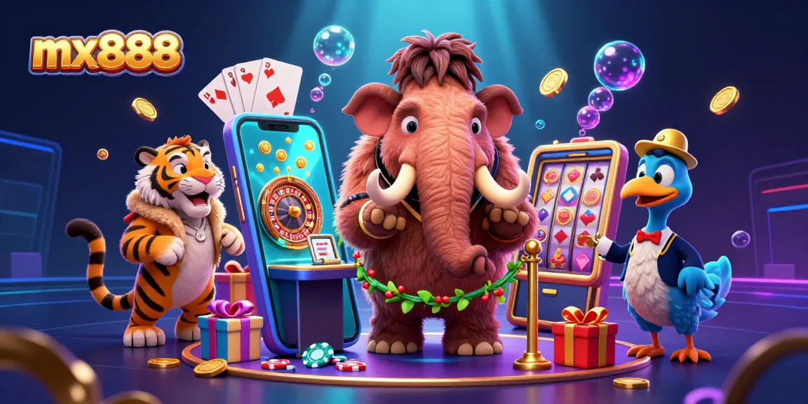 Experience the excitement of mx888 with vibrant slot games, a formidable bouncer, and stylish guests.