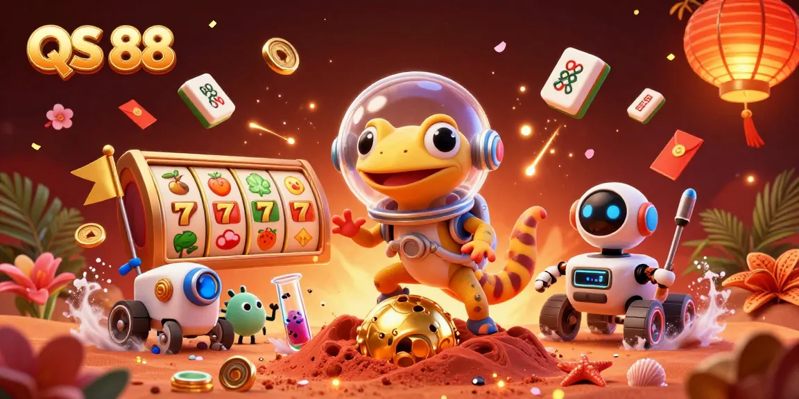 QS 88 showcases a Martian gecko discovering a golden casino with vibrant game elements.