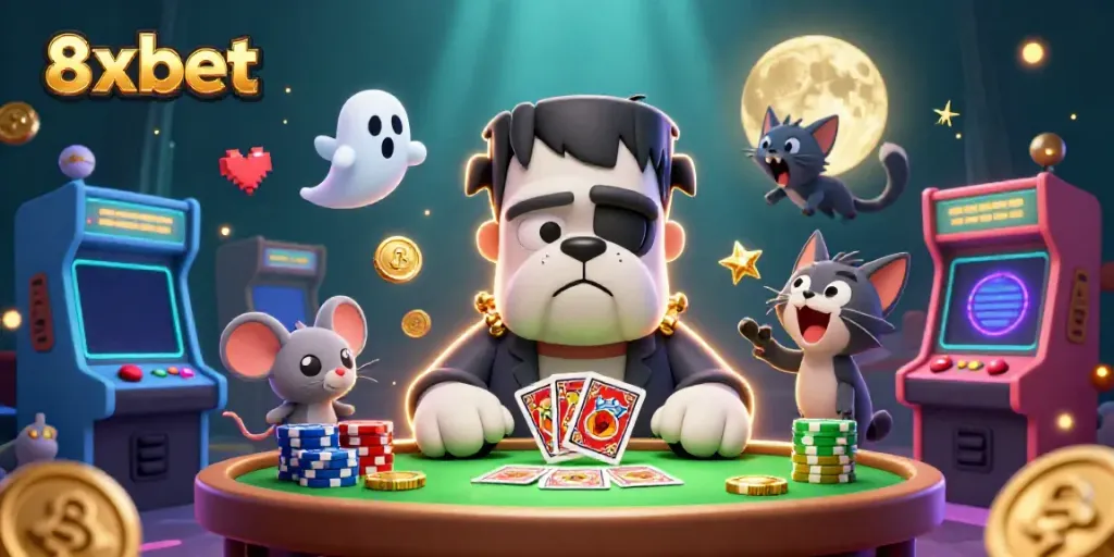 Experience the excitement of 8xbet as cartoon characters play cards amid dynamic casino elements.