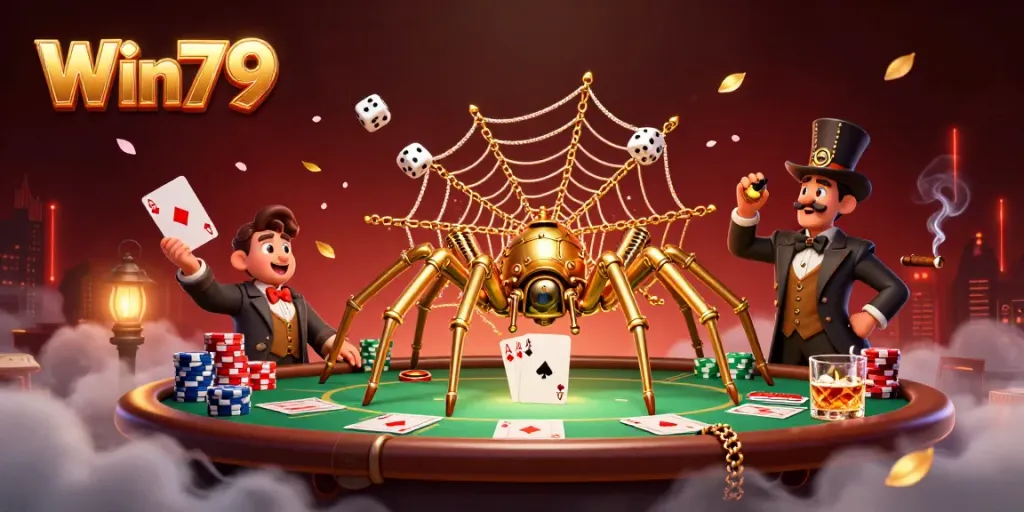 Catch the thrill of Win79 with a golden spider webbing chance and fortune in a dynamic casino setting.
