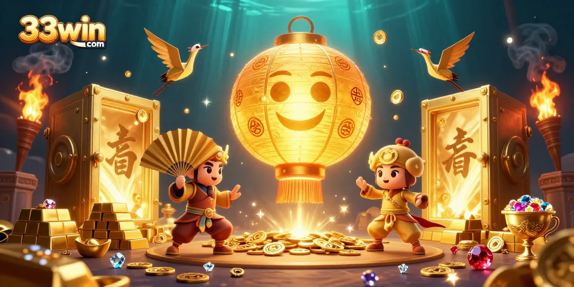 Engage with 33win com at a vibrant online casino scene filled with golden treasures and dynamic elements.