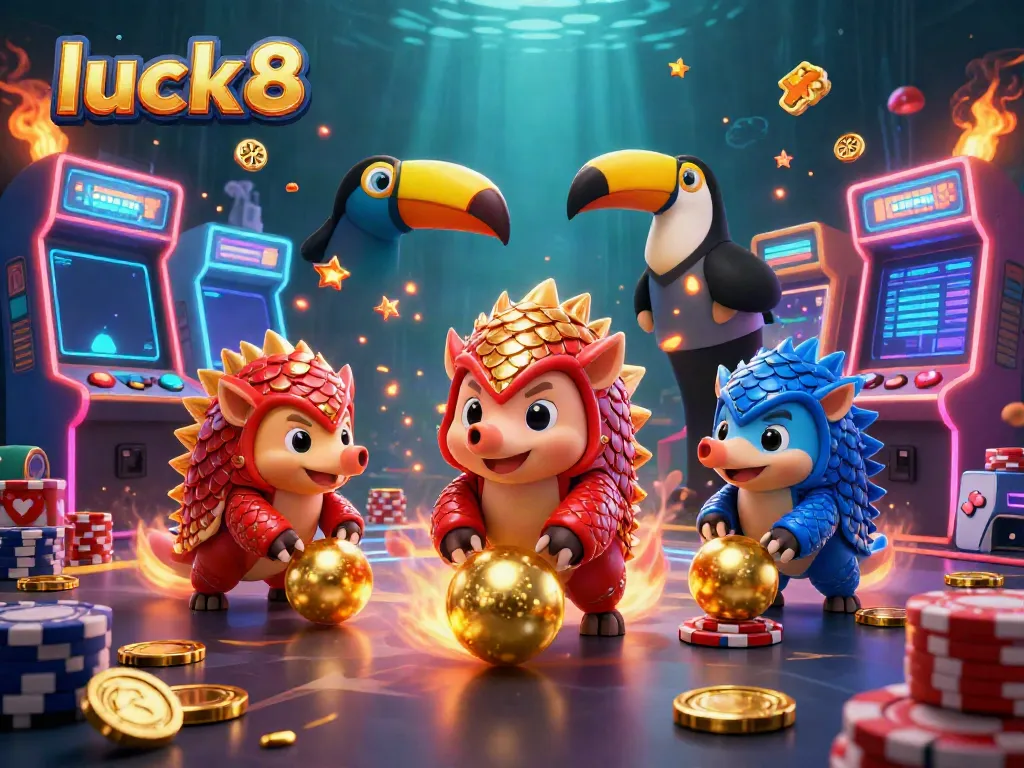 Experience the thrill of luck8 as rival pangolins battle through poker chips in a dynamic casino scene.