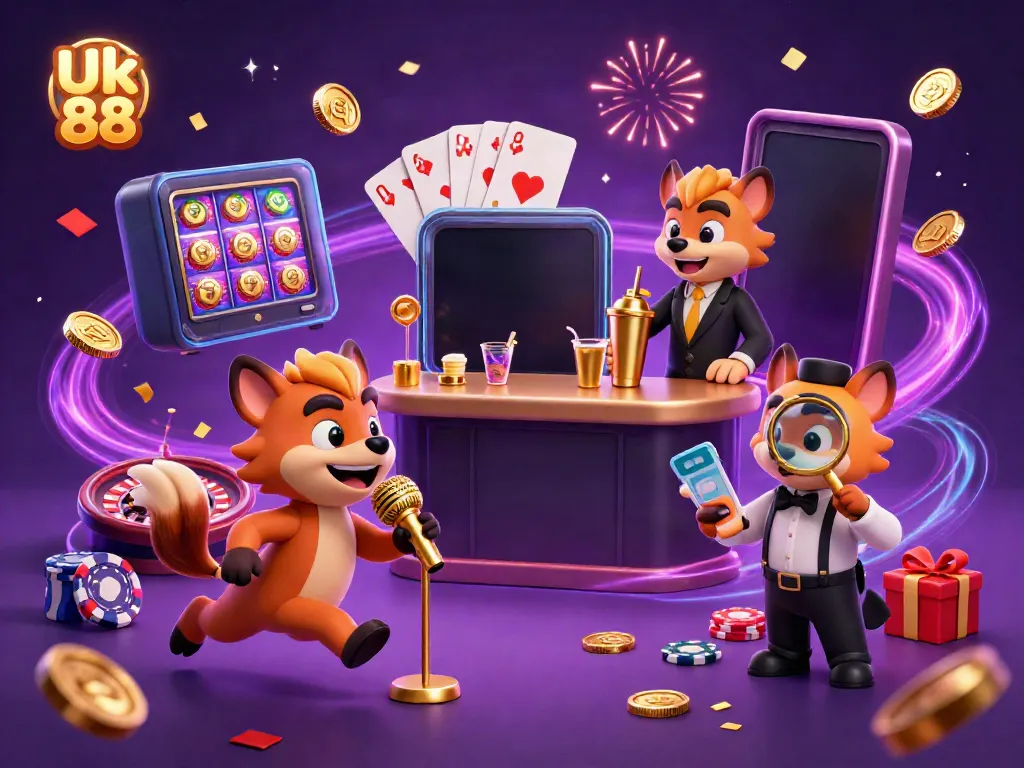 Experience the thrilling world of Uk 88 with lively hyenas in a colorful casino scene, engaging in games.