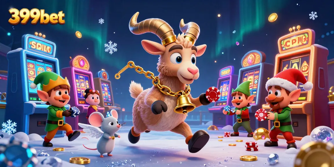 Experience thrilling gameplay at 399bet with Krampus, an angel mouse, and gremlins amidst vibrant slot machines.