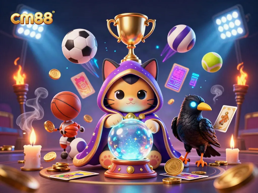 Engage with cm88's vibrant casino world in a mesmerizing 3D illustration showcasing dynamic sports and gaming elements.