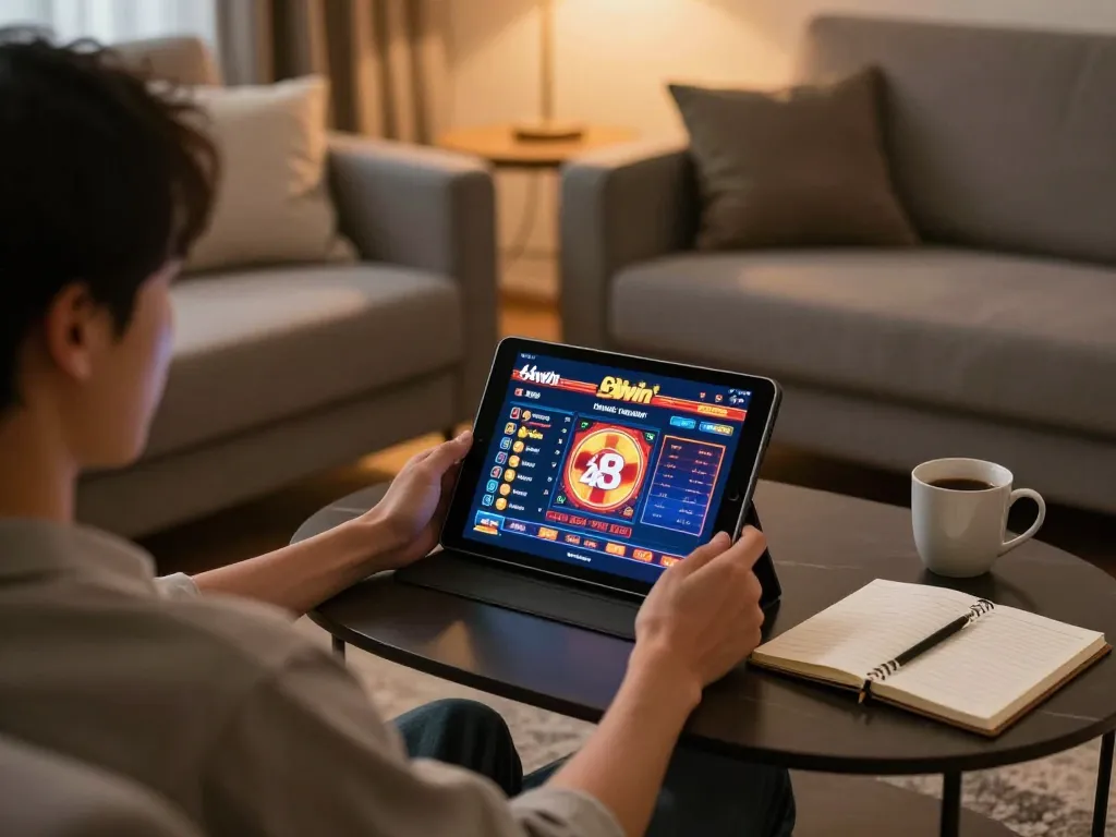 Engaging in online gaming at 68win, showcasing a tablet interface in a cozy home setting