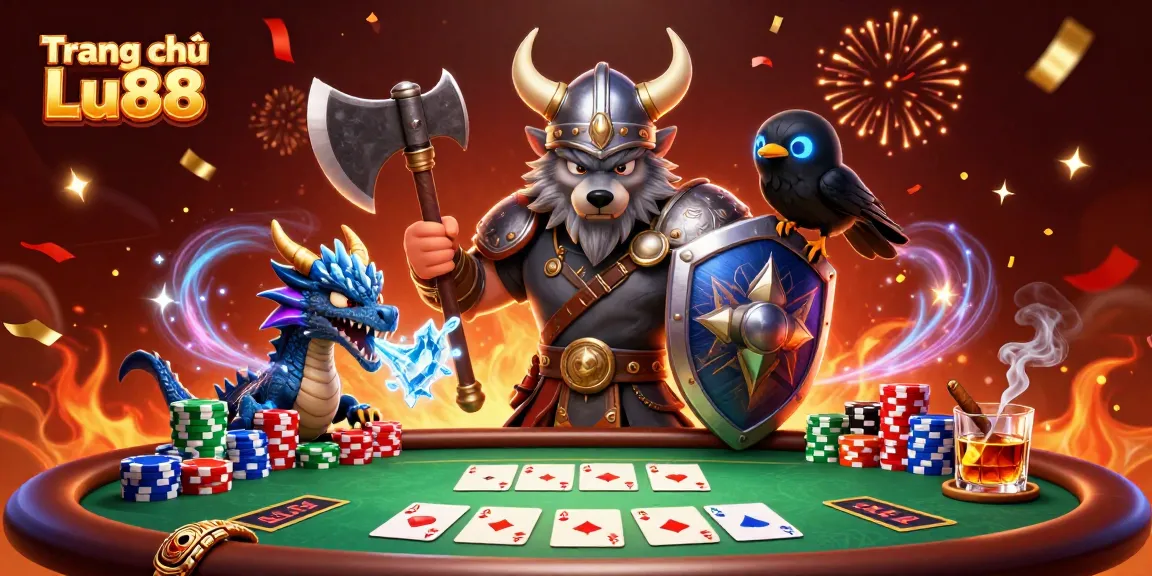 Engage in thrilling gameplay at Trang chủ Lu88 with a Viking warrior and dragon amid festive poker action.
