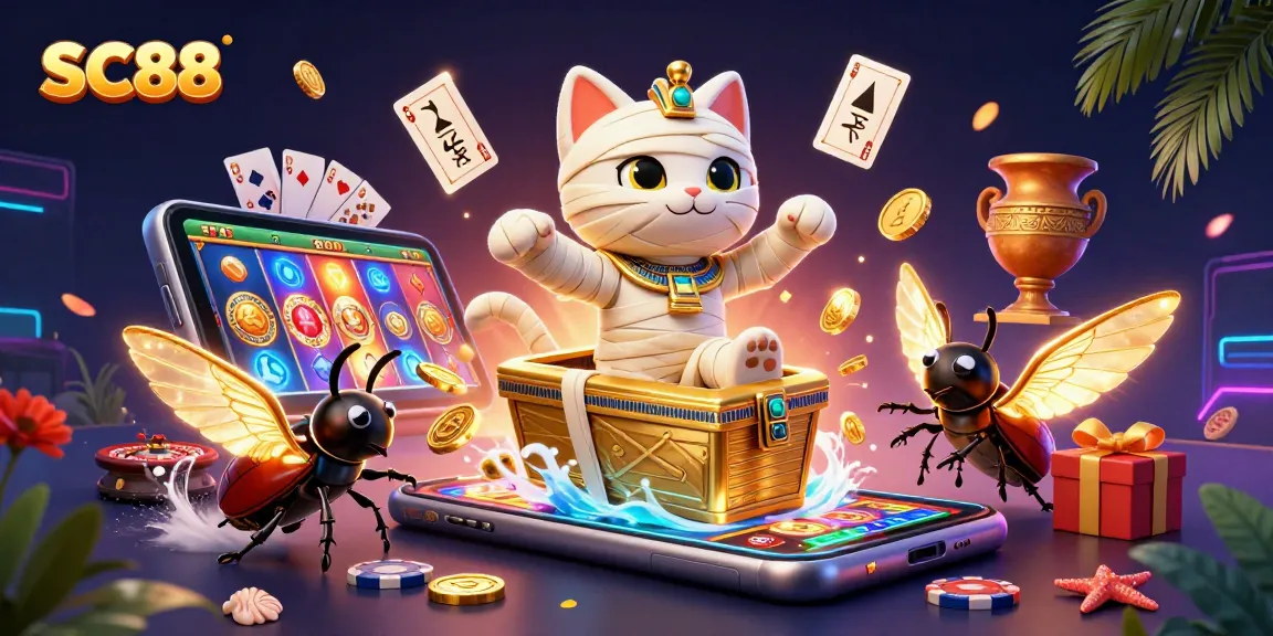 SC88's exciting pyramid casino scene showcases vibrant slot games and Egyptian-themed characters.