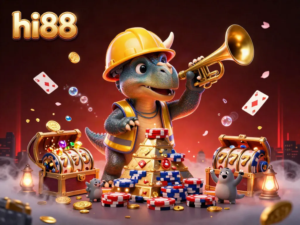 Experience the excitement of hi88 with a vibrant 3D illustration showcasing colorful casino elements.